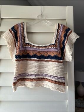 Miracle Cream Crochet Crop Top with Navy, Brown and Lavender Stripes